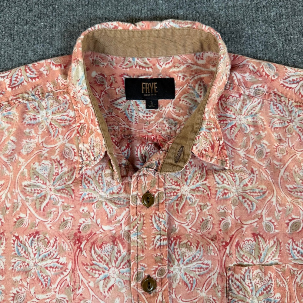 Frye Mens Large Pink Paisley Floral Cotton Short Sleeve Button Down Shirt 3056